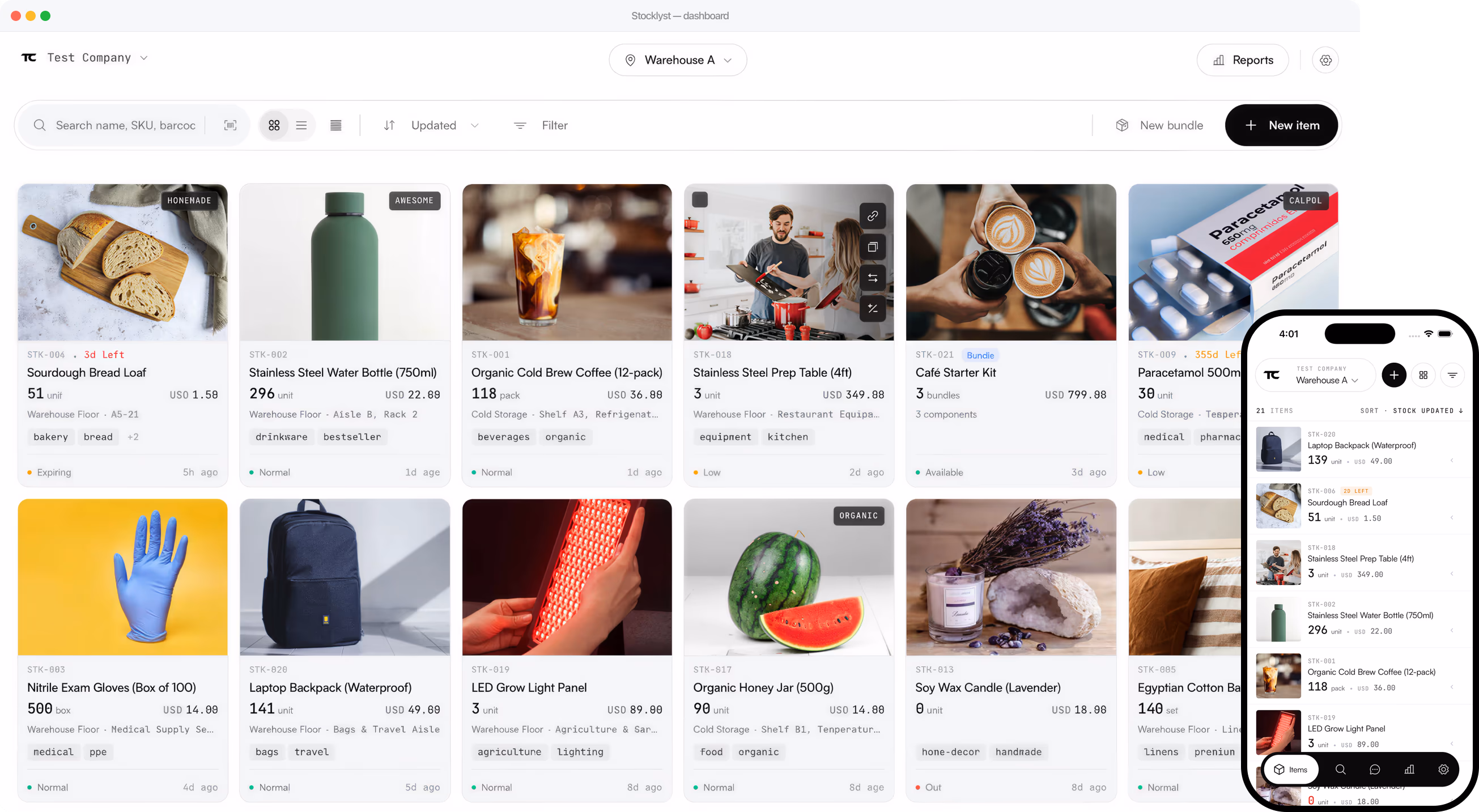 Stocklyst dashboard on desktop and iPhone showing diverse inventory items